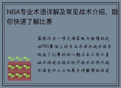 NBA专业术语详解及常见战术介绍，助你快速了解比赛